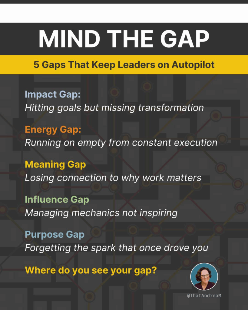 Mind the gap. 5 gaps that keep leaders on autopilot.
Impact Gap
Hitting goals but missing transformation
Energy Gap
Running on empty from constant execution
Meaning Gap
Losing connection to why work matters
Influence Gap
Managing mechanics not inspring
Purpose Gap
Forgetting the spark that once drove you
Where do you see your gap?