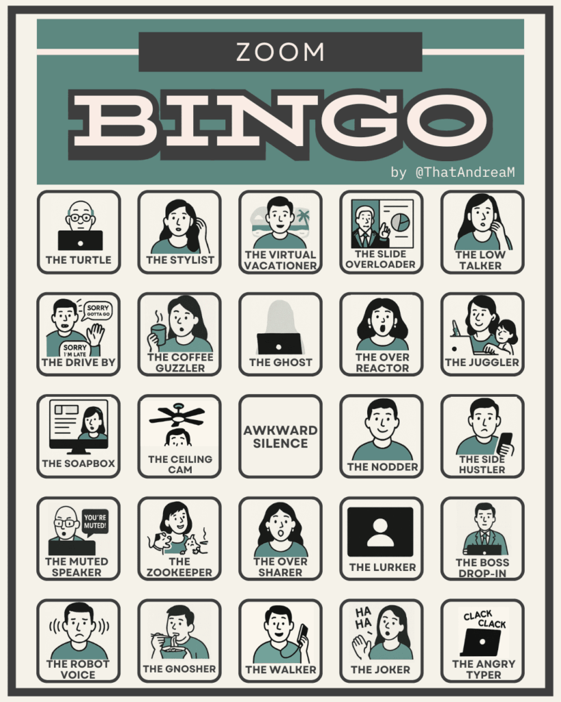 Zoom Bingo Card with humorous, commonly found characters on a zoom call like: the virtual vacationer, the ceiling cam, the muted speaker, and the angry typer